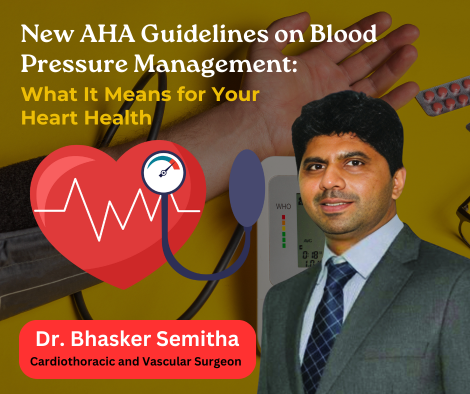 Dr. Bhasker Semitha, Cardiothoracic and Vascular Surgeon, featured in a poster about the new AHA guidelines on blood pressure management and their importance for heart health. The design shows a stethoscope, ECG heart icon, and blood pressure monitor in the background